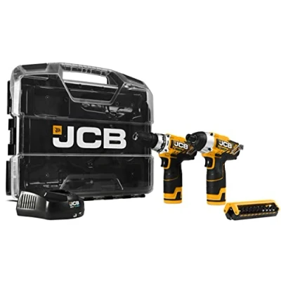 Image of JCB 12V 2.0Ah Twin Pack W Box Cordless Combi Drill and Impact Driver with 2x2.0Ah Batteries, Fast Charger, Variable Speed &amp; LED Light in Power Tool Case, 3 Year Warranty