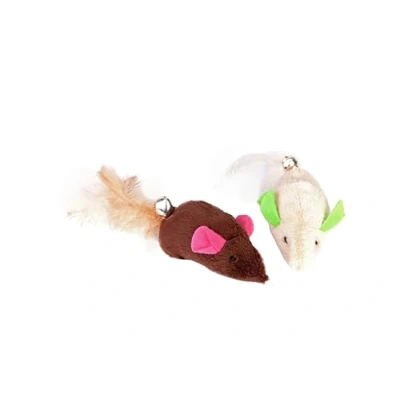 Image of DINGO Cat Toy Set: 2 Plush Mice with Colourful Ears, Attached Bells, and Feathered Tails, for Play Hunting. Lightweight Pet Toys in Brown Ecru (21259)