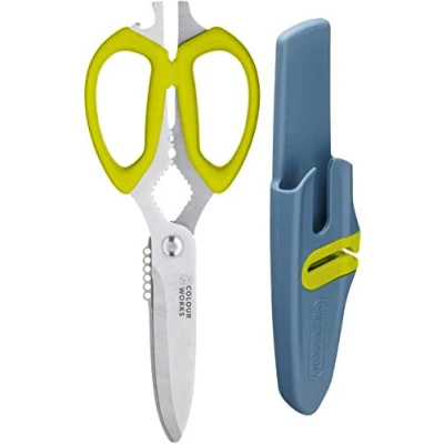 Image of Colourworks 10 In 1 Multifunction Kitchen Scissors with Built Edgekeeper Scissor Sharpeners, Bottle Openers, Zester and More, Stainless Steel, Apple, 23 cm