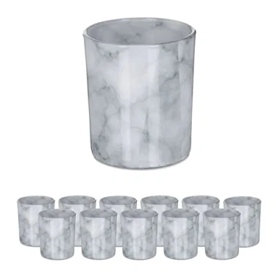 Image of Relaxdays Tealight Holders, Set of 12, Marble Look, Votive Candle Glasses, H x Diam.: 8.5 7 cm, Home &amp; Garden, Grey, 100%