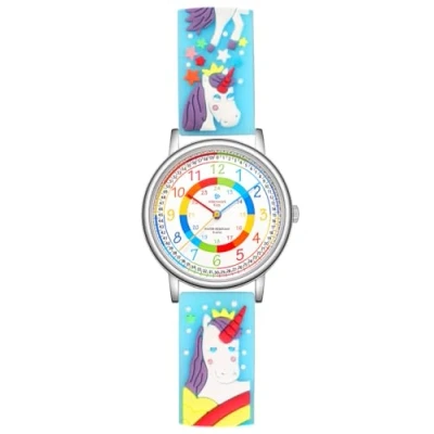 Image of Alienwork Unicorn Girl Children&#039;s Teacher Watch Girls Silver Strap Turquoise Multi Coloured Kid Waterproof 5 ATM Learning Time