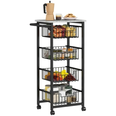 Image of HOMCOM 4 Tier Kitchen Island on Wheels, Rolling Storage Trolley with Pull Out Mesh Baskets, Mobile Utility Serving Cart, Light Grey
