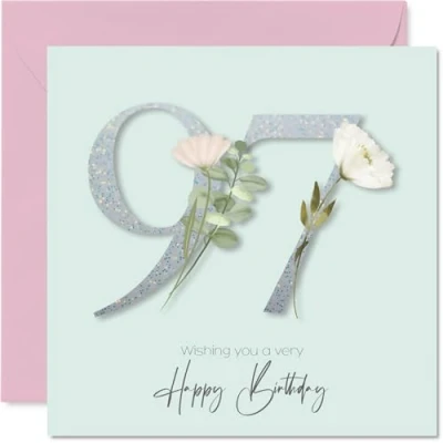 Image of 97th Birthday Cards for Women Fancy Floral Flowers Happy Card 97 Year Old Woman Nanny Granny Grandma Auntie, 145mm Bday Greeting