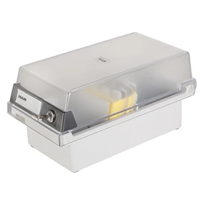 Image of HAN 967 S 631, Card filing box Special Edition A7 landscape. Innovative, attractive design holds 800 cards with lock, readjustable lid supplied large inscription label, light grey translucent