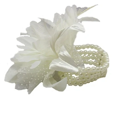 Image of Cream Feather and Flower wrist corsage on a Pearl Bead wristband