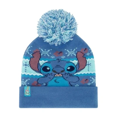 Image of Concept One Unisex&#039;s Disney Stitch Beanie Hat, Adult Women&#039;s Cuffed Knit Cap with Pom, Snowflake Holiday Design, Blue, Size