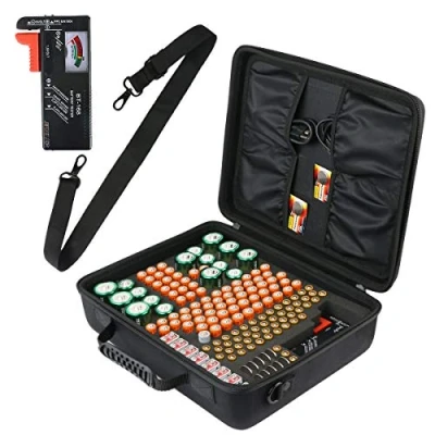 Image of co2CREA Hard Travel Battery Organizer with Shoulder Strap for Storage Box Tester BT 168D, Carrying case Bag Holds 153 Batteries AA AAA C D 9V Lithium 3V (not Included Batteries)