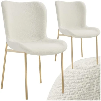 Image of TecTake® Set of 2 Bouclé Chairs in Scandi Style with Ergonomic Seat &amp; Backrest, Thick Foam Padding, Gold Steel Legs Non Slip Caps, Easy Assembly Ideal Living Room, Kitchen Dining White