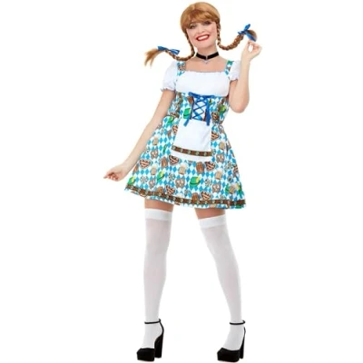 Image of Smiffys Beer Maiden Costume, Blue with Printed Dress, Oktoberfest Fancy Adult Dress Up Costumes