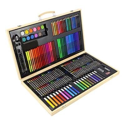 Image of ArtBoss® 180pc Wooden Box Artist Set Deluxe Art Oil Pencils Pens Markers Paints Crayons Perfect for beginners or budding artists Kids Adults