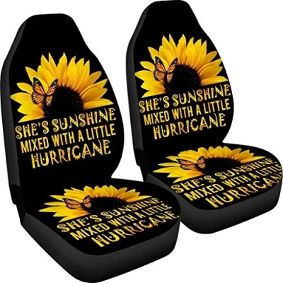 Image of Biyejit She&#039;s Sunshine Sunflower Print Front Car Seat Cover Protector Cushion Universal Fit Sedan SUV Van Truck 2 Piece Set Accessory