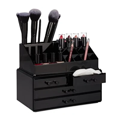 Image of Relaxdays Makeup Organizer with 4 Drawers, Cosmetics Holder for Nail Polish and Lipstick, Acrylic Kit, Black