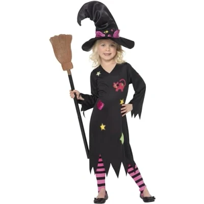 Image of Smiffys Cinder Witch Costume, Black with Dress, Hat &amp; Tights, Halloween Child Fancy Dress Up Costumes