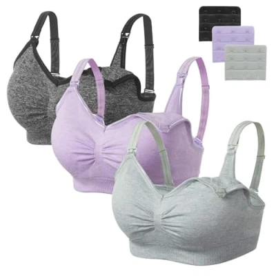 Image of HBselect 3 Pack Women&#039;s Nursing Bra Wireless Seamless Maternity Breastfeeding Bras Bralette with Removable Pads Extenders, Beige + Black Pink, XXL