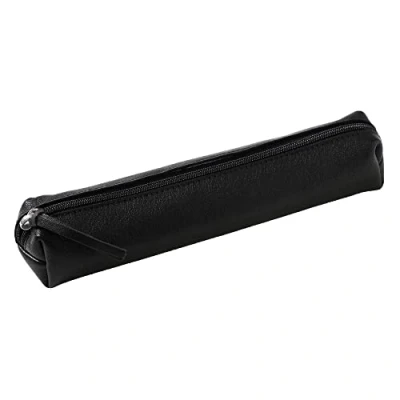 Image of Clairefontaine Ref 410001C Cuir&#039; Leather Slim Pencil Case 4 x 2.5 19.5cm, Made From Genuine Lambskin Leather, Metal Zip With Puller Black