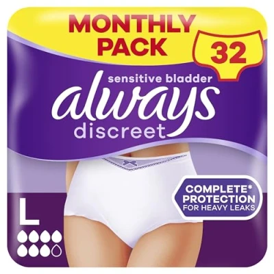 Image of Always Discreet Incontinence Pants Women Large, UK Size 16 22, White, Absorbency 7, 32 Underwear , Disposable Maternity Knickers (8 x 4 Packs), Heavy Bladder Leak Protection Postpartum
