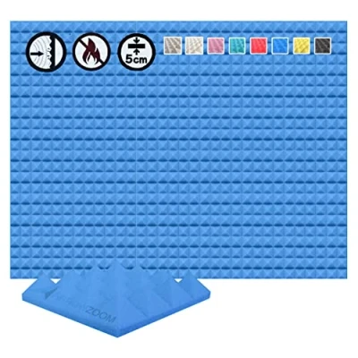 Image of Arrowzoom 48 Acoustic Panels Pyramid Sound Absorbing Treatment Tiles 25x25x5cm Recording Studio Noise Cancellation 26kg/m3 High Density Acoustical Dampening Fire Retardant 1034 BLUE