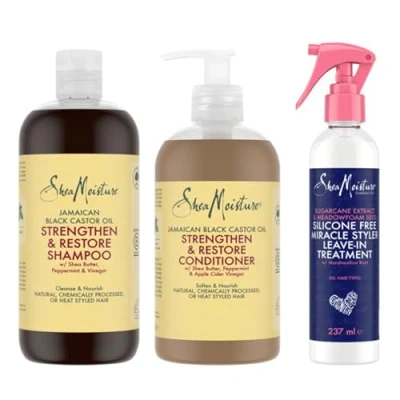 Image of SheaMoisture Jamaican Black Castor Oil Strengthen &amp; Restore Shampoo 384 ml + Conditioner Sugarcane Extract Meadowfoam Seed Miracle Hair Styler Leave In Treatment 237