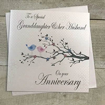 Image of WHITE COTTON CARDS Granddaughter &amp; Husband Anniversary Card, Love Birds Handmade PD281