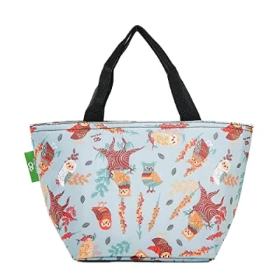 Image of Eco Chic Lightweight Foldable Lunch Bag Water Resistant Insulated Cooler for Work/Picnics/Hiking/Camping BBQs Made from Recycled Plastic Bottles (Owl Blue)