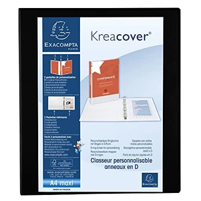Image of Exacompta ref. 51842NE 1 customizable rigid opaque binder with 3 pockets 4 D rings of 30 mm Spine 47 External dimensions: 32 x 27.7 cm Format to be filed A4 Maxi Colour: black