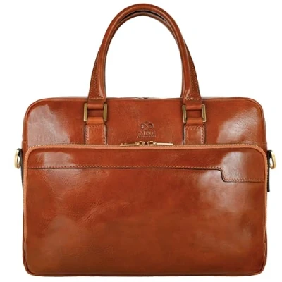 Image of Time Resistance Cognac Brown Leather Laptop Bag 13 inch Case with Shoulder &amp; Trolley Strap Genuine Briefcase Satchel Messenger Handmade Full Grain Made in Italy