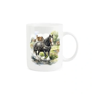 Image of Purely Home Shire Horse Farm Mug Painted Watercolour River Walk Scene Gift Present Tea Coffee White Bone China