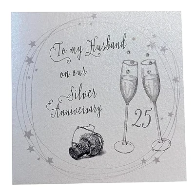 Image of white cotton cards Champagne Glasses, To My Husband 25 years Handmade 25th Anniversary Card, WB43