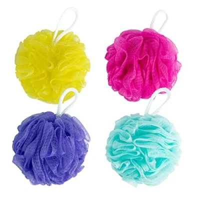 Image of SUPERLY Shower Puff, Bath Sponge Loofah,Shower Extra Large 80g, 4 Pack Scrunchie Body Scrubber Exfoliating Soft Mesh (Turquoise, Pink, Purple, Yellow)