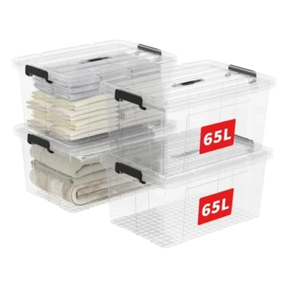 Image of Cetomo 65L*4 Storage Boxes, Carry Plastic Box with Lids, Organizing Container Handle and Secure Latching Buckles, Stackable, Nestable, Tote Bin for Home Office Clothes, 65L 4Pack, Clear