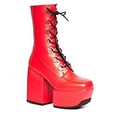 Image of LAMODA Women&#039;s Mutual Agreement Mid Calf Boot, Red Pu, 3 UK