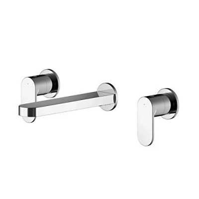 Image of nuie BIN317 Binsey Modern Bathroom Round Wall Mount 3 Tap Hole Basin Mixer with Lever Handles (No Plate), 75mm, Chrome