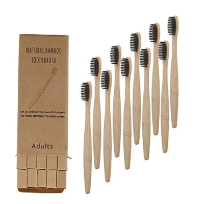 Image of Bamboo Toothbrushes, Charcoal Toothbrushes Medium to Soft Fibre Bristle Biodegradable Family Pack of 10, Eco Friendly BPA Free Natural Wooden Handle Toothbrush for Adults/Children
