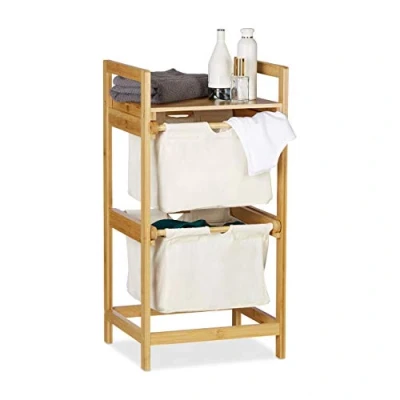 Image of Relaxdays Bamboo Laundry Hamper, Clothes Sorter with Shelf, 2 Drawers, Pull Out &amp; Portable, 25 L Basket, Natural