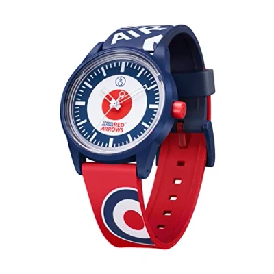 Image of Citizen Q&amp;Q Red Arrows solar powered 40mm watch, charges with sunlight or any other fluorescent light source, water resistant to 100m, 2 year warranty, for boys and girls R04A 502VY