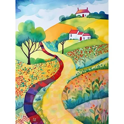 Image of Artery8 Countryside Path In Spring Folk Art Landscape Watercolour Painting Large Wall Poster Print Thick Paper 18X24 Inch