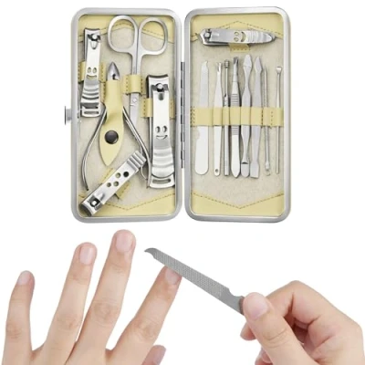 Image of H&amp;S Manicure Set Pedicure and Kit for Women &amp; Men 14 pcs Stainless Steel Nail Clippers Cuticle Remover Cutter Trimming Grooming Tools w/Beige Leather Case