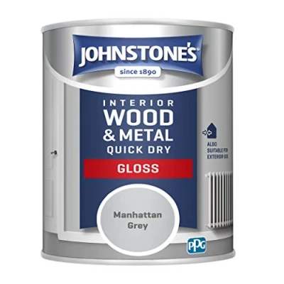 Image of Johnstone&#039;s Quick Dry Gloss Manhattan Grey Finish Water Based Interior Wood &amp; Metal Radiator Paint Low Odour in 1 2 Hours 8m2 Coverage per Litre 0.75 L