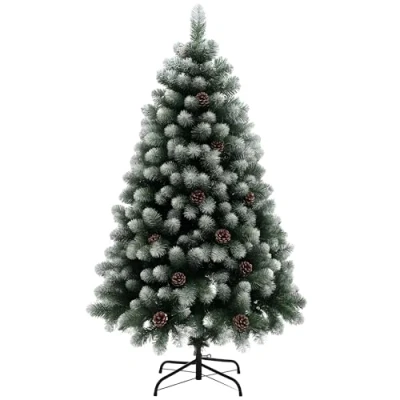 Image of HOMCOM 5ft Artificial Pine Christmas Tree with 489 Branch Tips and Steel Base, Realistic Hinged Pinecones, Holiday Décor for Home Office, Green
