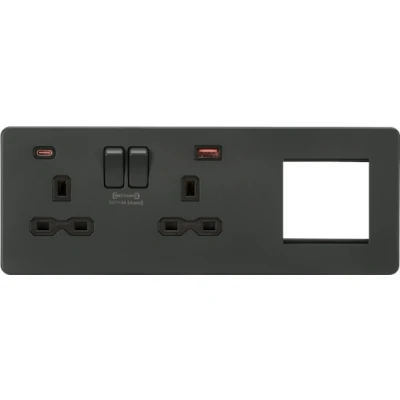 Image of KnightsBridge Screwless 13A 2G DP Socket with USB Fastcharge + Modular Combination Plate Anthracite