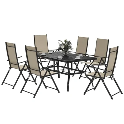 Image of Outsunny 7 Pieces Garden Dining Set, 6 Seater Furniture Set with Parasol Hole, Outdoor High Back Folding Chairs and Square Metal Top Table for Patio, Khaki