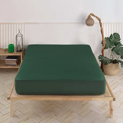 Image of Vency Dark Green 100% Cotton Fitted Sheet, 140 x 200 cm, 35 cm Mattress Height, Machine Washable