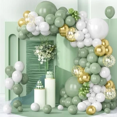Image of Teselife Sage Green Balloon, 123 PCS Olive White Gold Balloon Garland Arch Kit Metallic Confetti Latex Balloons for Boys Girls Birthday Baby Shower Wedding Jungle Safari Party Decorations