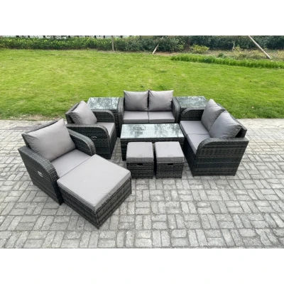 Image of 10 pcs Rattan Garden Furniture Set Outdoor Patio Sofa, Table and Chairs Coffee 3 Footstools Ideal for Pool Side, Balcony, indoor