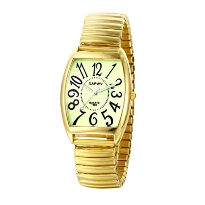 Image of JewelryWe Mens Big Dial Easy Reader Quartz Watch, Gold/Silver Tone Elastic Band Wristwatch, for Xmas