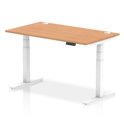 Image of Air 1400 x 800mm Height Adjustable Desk Oak Top Cable Ports White Leg