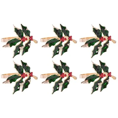 Image of YöL Set Of 6 Deluxe Holly Gem Napkin Rings Christmas Dinner Table Decoration Ring Buckle Serviette Holder Festive Party