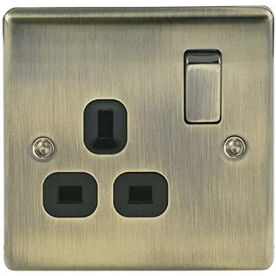 Image of 2 x Single Switched Power Socket with Black Inserts, Antique Brass, 13 Amp