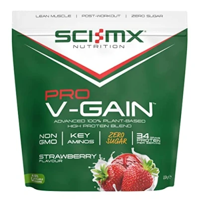 Image of SCI MX Pro V Gain 100% Vegan Strawberry Flavour Soy protein Powder Isolate + B12 Magnesium Muscle Growth &amp; Maintenance Sugar Free, Non GMO 2.2KG (49 servings) 34g of per serving