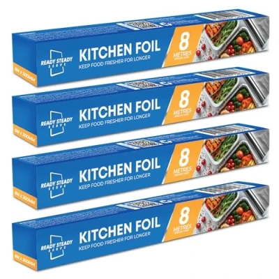 Image of 4 Pack Tin Foil Roll 32M Aluminium Kitchen Everyday 8M x 30cm Non Stick for Wrapping, Grilling &amp; BBQ Tinfoil Dispenser Cutter Silver Cooking